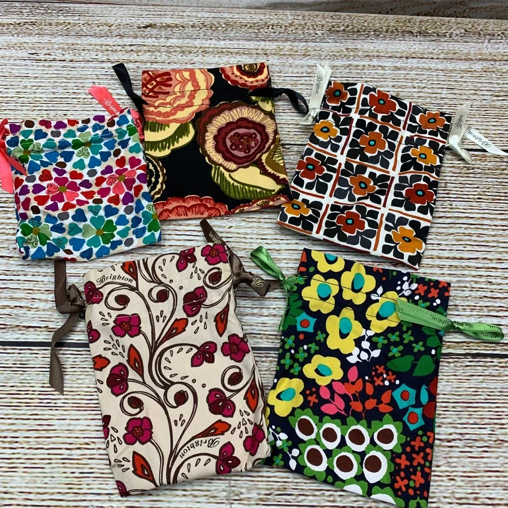 Brighton Fabric Drawstring Gift Bag Lot‎ Floral Print Jewelry Travel Storage